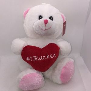 #1 Teacher Valentines Day White Pink Plush Bear